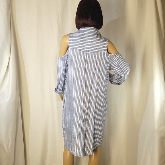 Hope & Harlow Blue and White Stiped Linen Blend Shirt Dress, Women's Size 12 - Picture 2 of 8